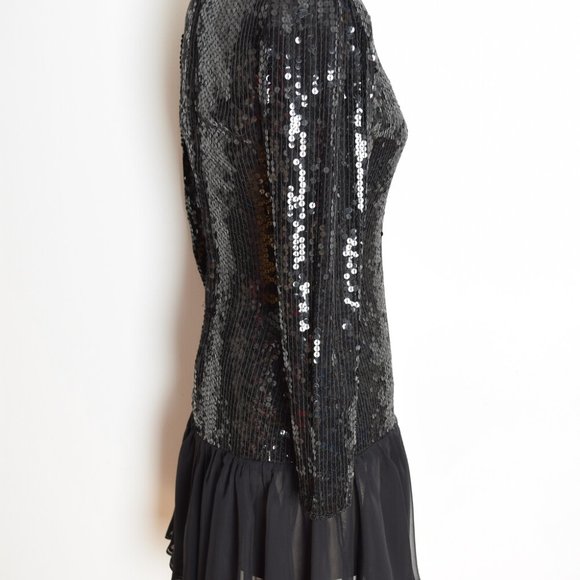 vintage 80s dress black sequin sheer chiffon drop waist prom party cocktail S - Picture 4 of 6